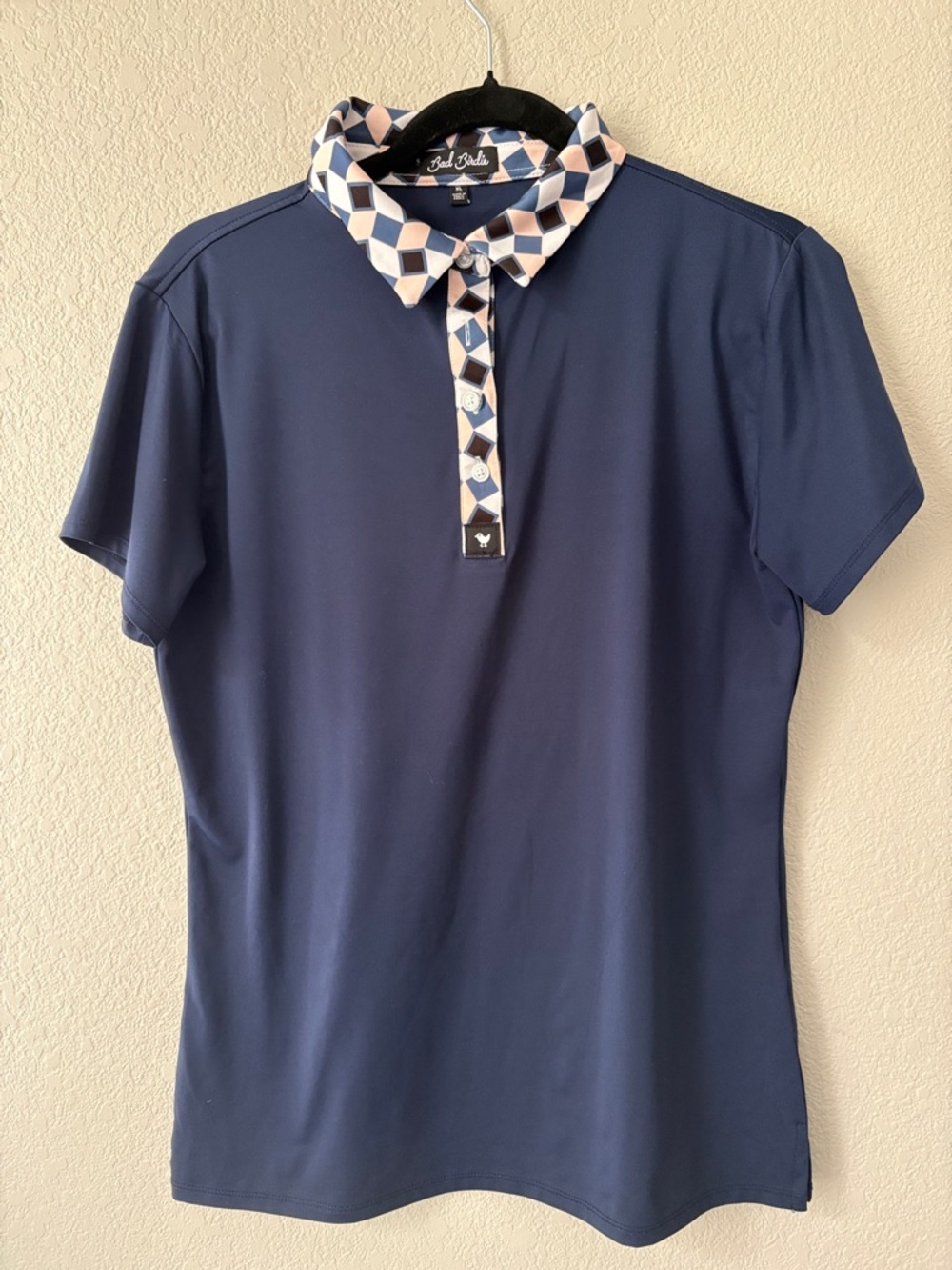 Bad Birdie Navy Polo with Geometric Contrast Collar